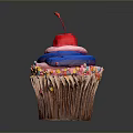 Delicious Cupcake With Blue Pink Frosting Red Cherry Colorful Sprinkles And Brown Paper Liner