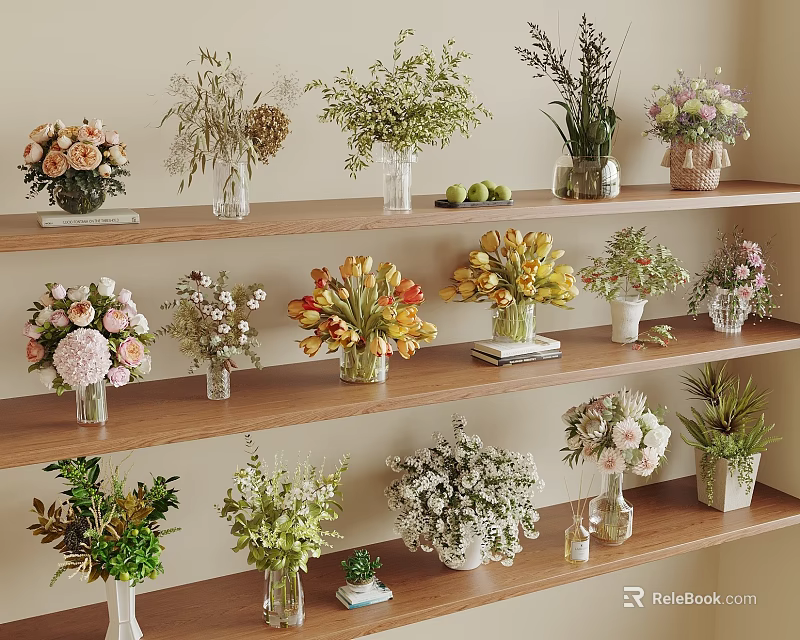 Decorative Flower Vases On Wooden Shelves With Various Blooms And Arrangements 3d model 