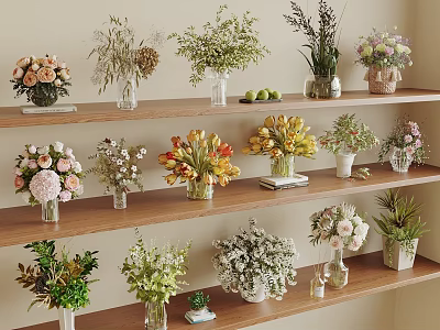 Decorative Flower Vases On Wooden Shelves With Various Blooms And Arrangements 3d model