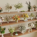 Decorative Flower Vases On Wooden Shelves With Various Blooms And Arrangements