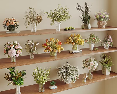 Decorative Flower Vases On Wooden Shelves With Various Blooms And Arrangements 3d model