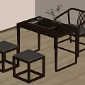 Elegant Modern Dark Wood Tea Table And Chairs Interior With Stools Tea Set And Vase Plants