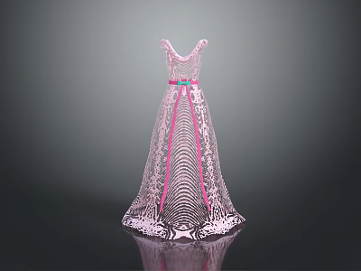 Elegant Pink Lace Long Dress With Decorative Belt And Flowy Skirt 3d model