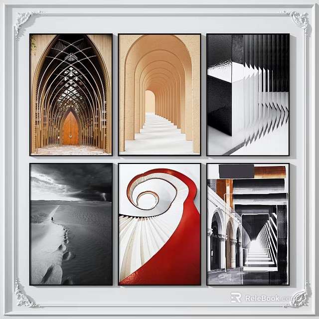 Architectural Art Prints Collection With Arches Stairs Spiral And Geometric Designs 3d model 