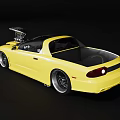 Yellow Modified Sports Car With Open Hood Exposed Engine And Lowered Stance