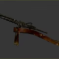 Antique Machine Gun Displayed On Wooden Stand With Vintage Military Design And Historical Look