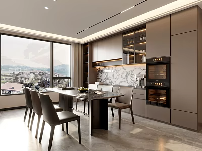 Modern Open Dining Room Interior With Dining Table Chairs Large Windows Marble Countertop And Cabinets 3d model