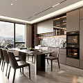 Modern Open Dining Room Interior With Dining Table Chairs Large Windows Marble Countertop And Cabinets