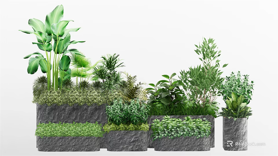 Various Bonsai Potted Plants With Lush Green Foliage And Stone Planters 3d model 