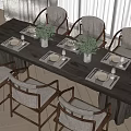 Wooden Dining Table Set With Upholstered Chairs Plates Placemats And Green Plants