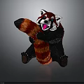 Red Panda Plush Toy Sitting Holding Ringed Tail With Open Mouth And Red Eyes