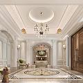 Luxurious Foyer Hallway Design With Crystal Chandelier Classical Columns And Decorative Carpet
