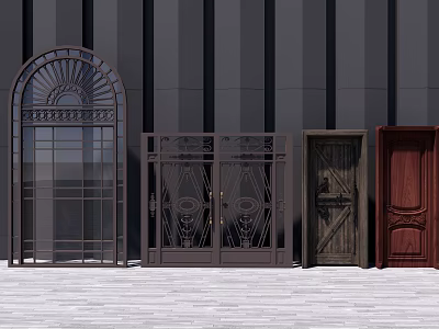 Various Styles Of Swing Doors With Metal Frames Wooden Panels And Decorative Patterns 3d model