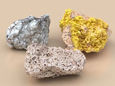Natural Stones Collection With Gray White Textured Yellow Crystalline And Porous Rock Varieties 3d model