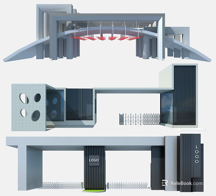Modern Architectural Entrance Gate With Geometric Shapes Vertical Slats And Circular Openings 3d model 