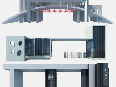 Modern Architectural Entrance Gate With Geometric Shapes Vertical Slats And Circular Openings 3d model