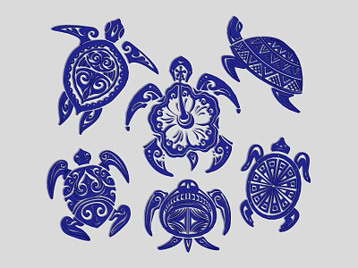 Collection of Blue Decorative Turtle Patterns With Various Intricate Geometric Floral Designs 3d model