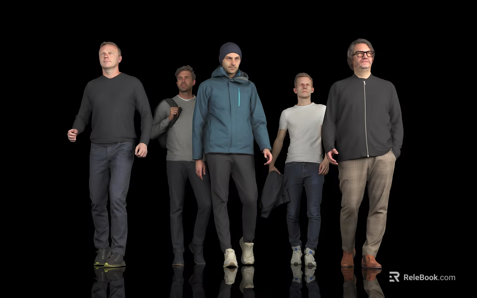Men Standing in Different Casual Clothing Styles Against Black Background With Reflective Floor 3d model 