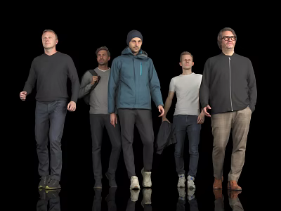 Men Standing in Different Casual Clothing Styles Against Black Background With Reflective Floor 3d model