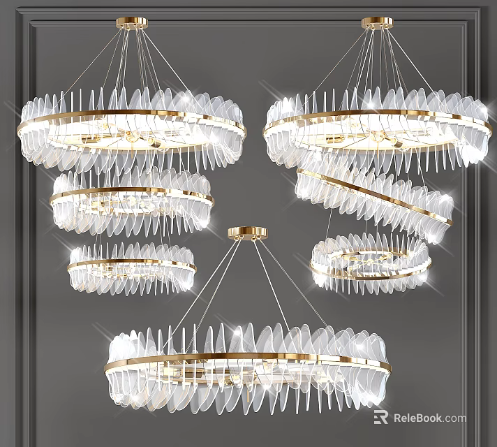 Luxurious Modern Crystal Chandeliers With Gold Frames And Clear Multi-layered Crystals 3d model 