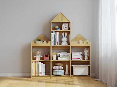 Wooden Kids House Shaped Bookcase With Books Stuffed Toys And Storage Box 3d model