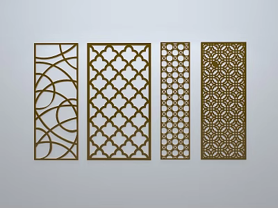 Decorative Wooden Laser Cut Lattice Windows With Four Different Geometric Patterns On White Wall 3d model
