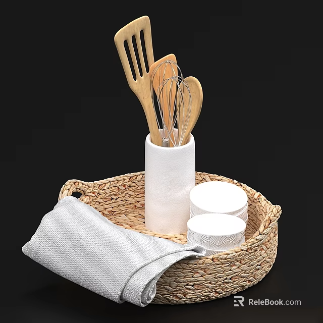 Wooden Kitchen Utensils in White Holder with Wicker Basket Towel and Glass Jars 3d model 