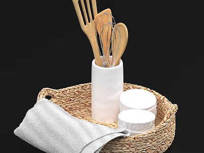 Wooden Kitchen Utensils in White Holder with Wicker Basket Towel and Glass Jars 3d model