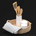 Wooden Kitchen Utensils in White Holder with Wicker Basket Towel and Glass Jars