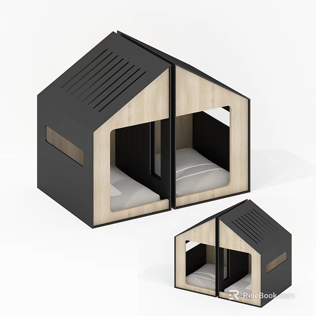 Black And Wooden Pet House With Two Compartments And Soft Mattress Design 3d model 