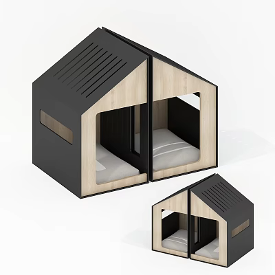 Black And Wooden Pet House With Two Compartments And Soft Mattress Design 3d model