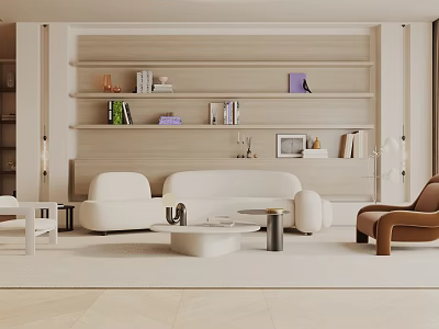 Modern Minimalist Living Room With Wooden Shelves White Sofa Round Coffee Table And Brown Armchair 3d model