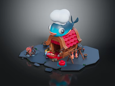 Cartoon Style Whale Shaped Hut With Red Roof Tiles Meat Skewers And Figures 3d model