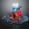Cartoon Style Whale Shaped Hut With Red Roof Tiles Meat Skewers And Figures