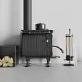 Black Fireplace Stove With Chimney Pot Wood Storage Box Fireplace Tools White Wall Gray Floor