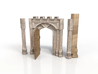 Castle Style Stone Architectural Components With Archway Pillars And Open Door Design 3d model