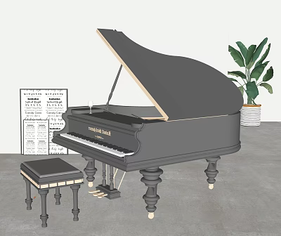 Elegant Black Grand Piano With Bench Sheet Music And Green Plant 3d model