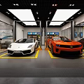 Car Specialty Store Showroom Displaying Various Colored Cars At Night