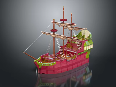 Red Sailing Ship Model With Masts Green Accents And Detailed Design 3d model