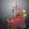Red Sailing Ship Model With Masts Green Accents And Detailed Design 3d model