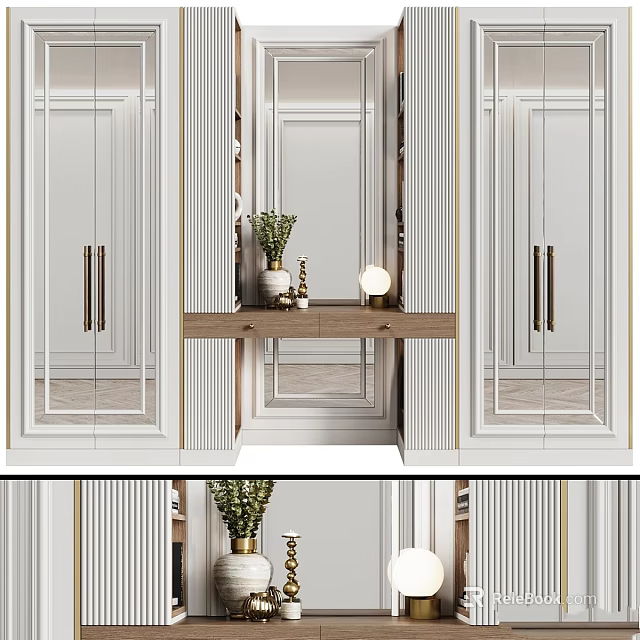 Elegant Modern Interior Design With White Cabinets Mirror Console Table And Decorative Plants 3d model