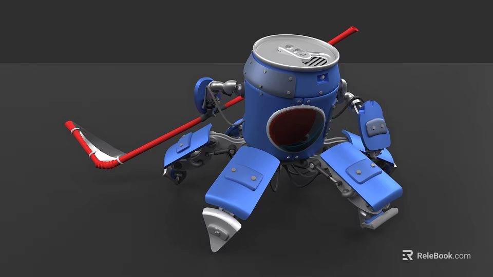 Blue Robot With Red Hockey Stick And Mechanical Legs Design Structure 3d model
