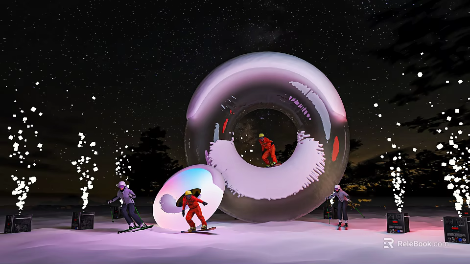 Transparent Circular Inflatable Structure For Skiing Activities In Snowy Scene With Lighting 3d model 