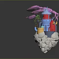 Cartoon Scene Featuring Red Blue Building Green Plant Yellow Bucket Pink Smoke On Clouds