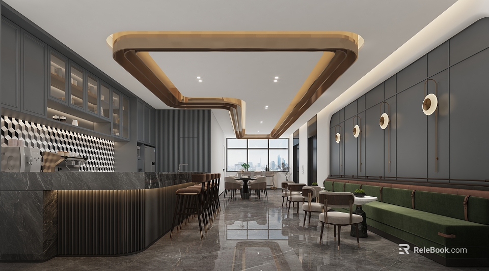 Elegant Modern Break Room Interior with Green Sofa Bar Counter and Gold Accents 3d model 
