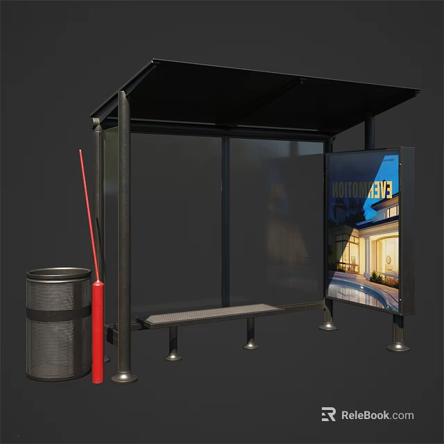 Public Transportation Bus Shelter With Black Roof Transparent Panels Bench Trash Can And Nightlife Billboard 3d model 