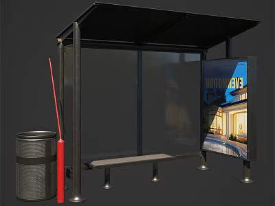 Public Transportation Bus Shelter With Black Roof Transparent Panels Bench Trash Can And Nightlife Billboard 3d model