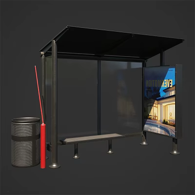 Public Transportation Bus Shelter With Black Roof Transparent Panels Bench Trash Can And Nightlife Billboard 3d model