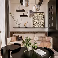 Hotel Guest Room Interior With Beige Sofa Black Coffee Table White Curtains And Decorative Painting