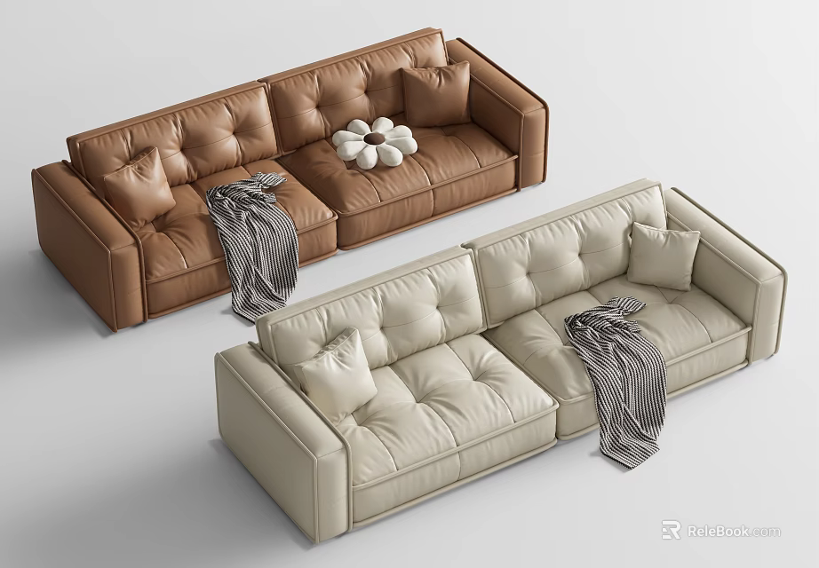 Brown and Beige Two Seater Sofas with Throw Pillows and Soft Blanket 3d model
